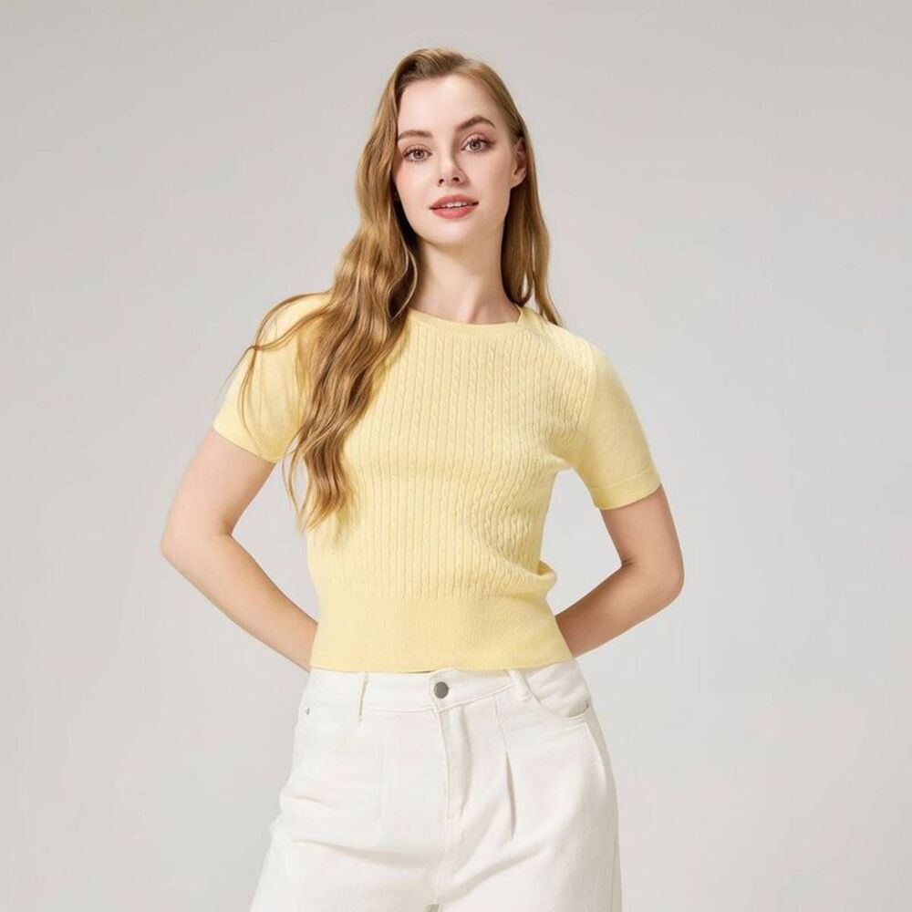 Women's Short Sleeve Cable Crewneck Sweater - A New Day Pearl M